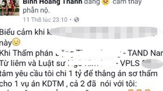 Trang Facebook Bình Hoàng Thanh đăng nội dung phản ánh việc "chạy án"