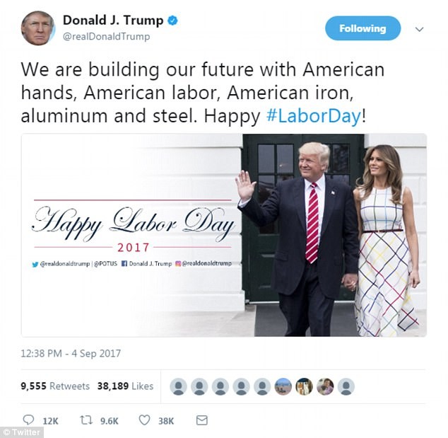 Thông điệp viết nhân Ngày Lao động của Tổng thống Donald Trump trên Twitter và bức ảnh gây tranh cãi (Ảnh: Twitter/Donald Trump)