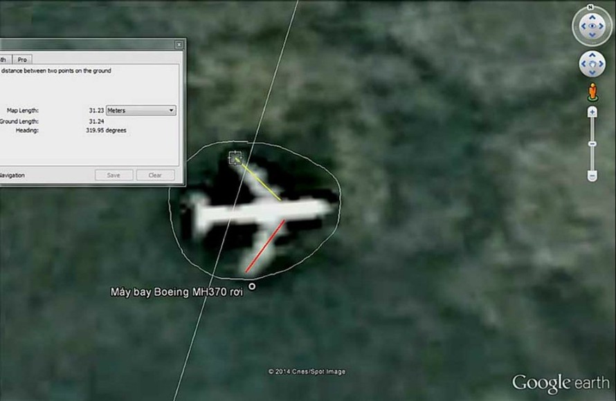 Hình ảnh được cho là xác của máy bay MH370 trên ảnh vệ tinh của Google Earth do báo Gia Lai đăng tải. Ảnh: VietNamNet
