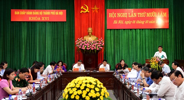 Hội nghị lần thứ mười lăm Ban Chấp hành Đảng bộ Thành phố Hà Nội khóa XVI bàn về công tác xây dựng Đảng. Ảnh: CPV