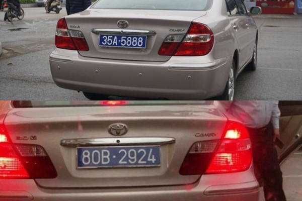 Chiếc xe Toyota Camry mang cùng lúc BKS 80B-2924 và 35A-5888. Ảnh: NLĐ