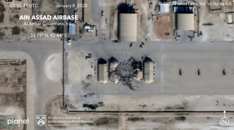 Ảnh chụp vệ tinh căn cứ Ain al-Assad sau vụ tấn công. Ảnh: PLANET LABS INC.