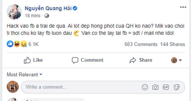 Facebook Quang Hải bị hack, lộ nhiều cuộc trò chuyện riêng tư 