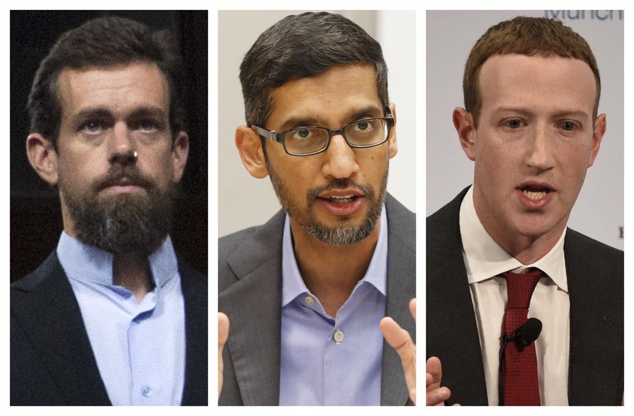 Các CEO của ba công ty công nghệ hàng đầu thế giới: Jack Dorsey (Twitter, trái), Mark Zuckerberg (Facebook, giữa) và Sundar Pichai (Google, phải).