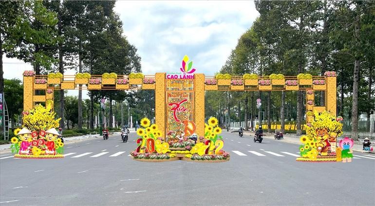 Cổng vào đường hoa xuân tại TP Cao Lãnh, trung tâm tỉnh Đồng Tháp (Ảnh: BTC).