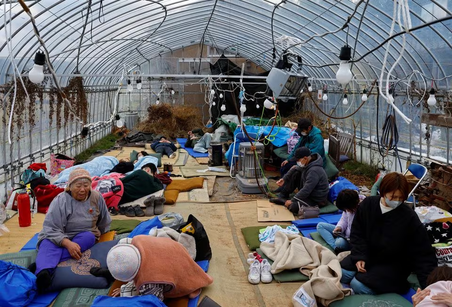 Người dân thành phố Wajima (tỉnh Ishikawa) trú ẩn tại một nhà kính. Ảnh: Reuters