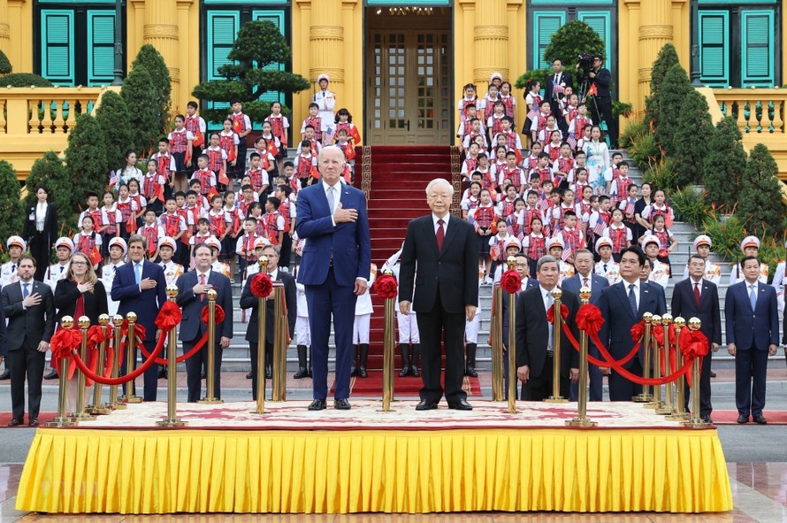 Tổng Bí thư Nguyễn Phú Trọng và Tổng thống Hoa Kỳ Joe Biden. Ảnh: TTXVN