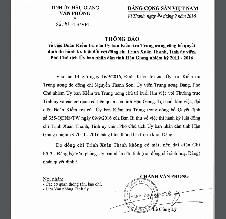 Thông báo của Tỉnh ủy Hậu Giang về việc công bố quyết định kỷ luật ông Trịnh Xuân Thanh