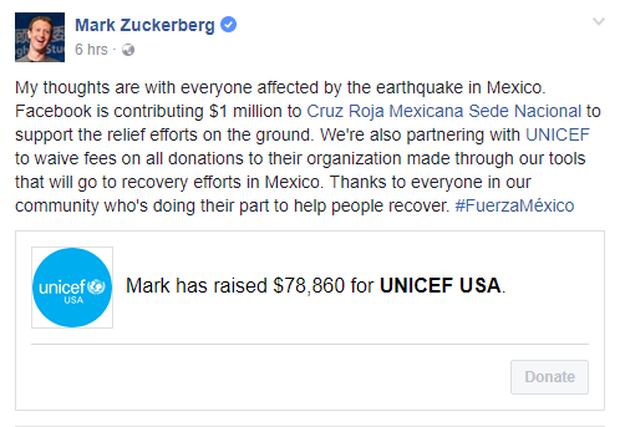 Ông chủ Facebook ủng hộ 1 triệu USD cho người dân Mexico