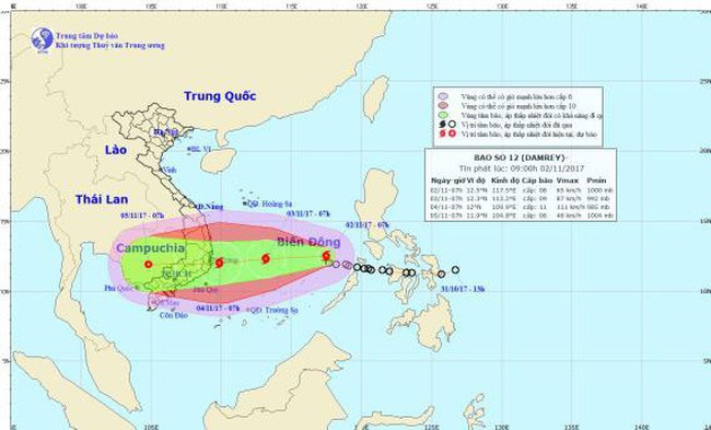 Bão Damrey - cơn bão thứ 12 trong năm ở Biển Đông được dự báo có cấp độ gió rất mạnh. Ảnh: NCHMF.