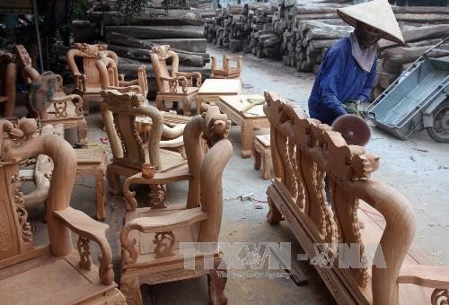 Sản xuất đồ gỗ mỹ nghệ cao cấp cung ứng cho thị trường trong nước và xuất khẩu tại một doanh nghiệp ở huyện Thường Tín (Hà Nội). Ảnh: Đình Huệ/TTXVN