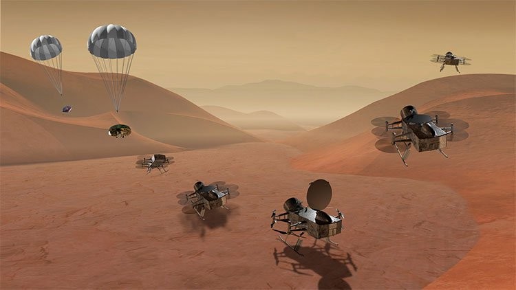 Dragonfly sẽ khám phá nhiều địa điểm trên mặt trăng Titan. (Ảnh: NASA).