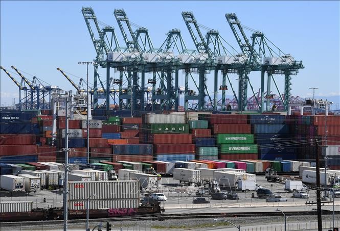 Container hàng hóa từ Trung Quốc và các nước khác được xếp dỡ tại cảng Long Beach, Los Angeles, California, Mỹ, ngày 16/2/2019. Ảnh: AFP/TTXVN