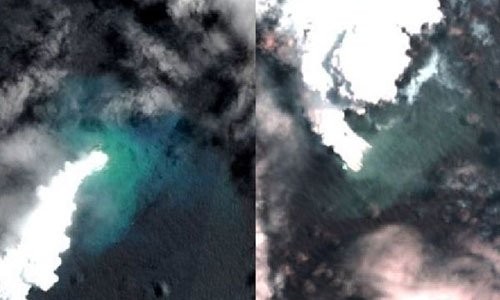 Ảnh chụp vệ tinh vào thời điểm núi lửa phun trào. (Ảnh: Guardian).