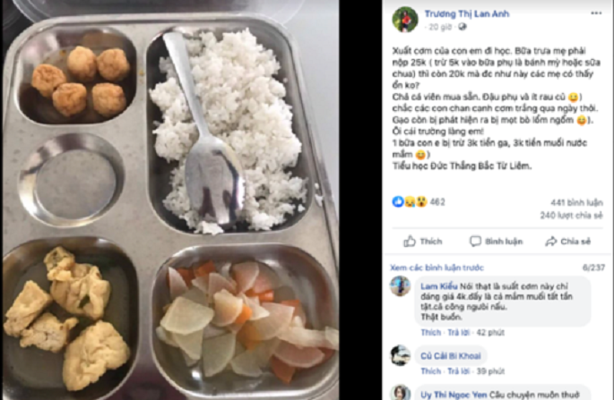 Hình ảnh bữa ăn trường Tiểu học Đức Thắng được đăng tải trên facebook.