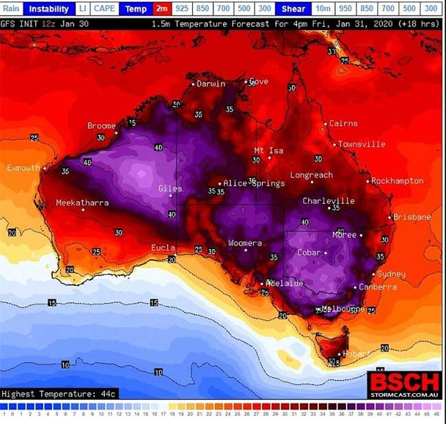 Bản đồ thời tiết Australia hôm 31/1.