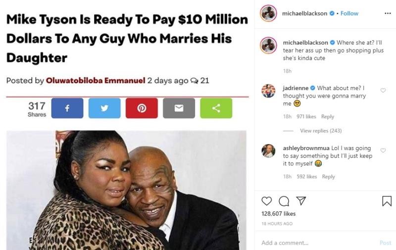 Có tin đồn rằng Mike Tyson sẵn sàng trả 10 triệu USD cho người nào cưới con gái ông