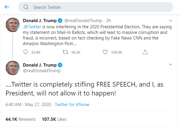 Bài đăng liên tiếp chỉ trích Twitter của Tổng thống Donald Trump. Ảnh chụp màn hình