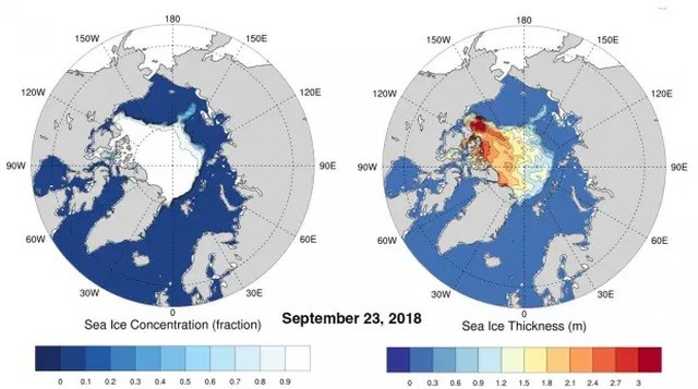 Biểu đồ độ dày và mật độ băng ở Bắc Cực vào ngày 23/9/2018. 