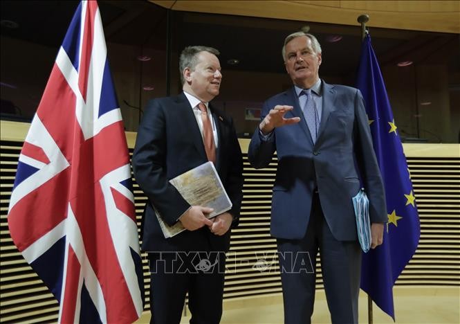 Trưởng đoàn đàm phán Brexit của Anh David Frost (trái) và Trưởng đoàn đàm phán của Liên minh châu Âu Michel Barnier. Ảnh: AFP/TTXVN