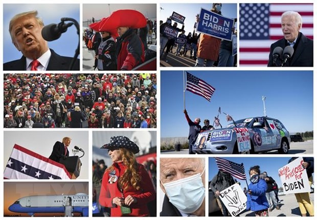 Các hình ảnh trong chiến dịch vận động tranh cử nước rút của đương kim Tổng thống Mỹ Donald Trump (cột ảnh trái) và ứng viên của đảng Dân chủ Joe Biden (cột ảnh phải) lần lượt tại Wisconsin và Pennsylvania cùng Delaware và Iowa trong các ngày tương ứng 30