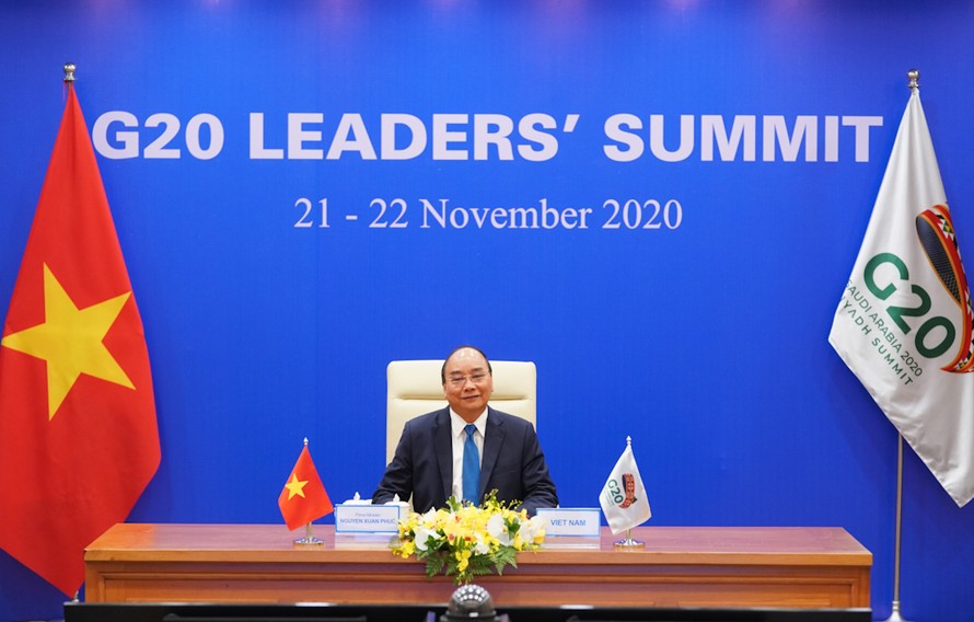 Thủ tướng Nguyễn Xuân Phúc dự và phát biểu tại Hội nghị Thượng đỉnh G20. Ảnh VGP/Quang Hiếu