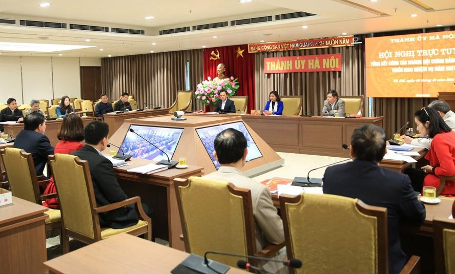 Quang cảnh hội nghị trực tuyến tổng kết công tác ngành Nội chính Đảng năm 2020, triển khai nhiệm vụ năm 2021 tại điểm cầu thành phố Hà Nội.