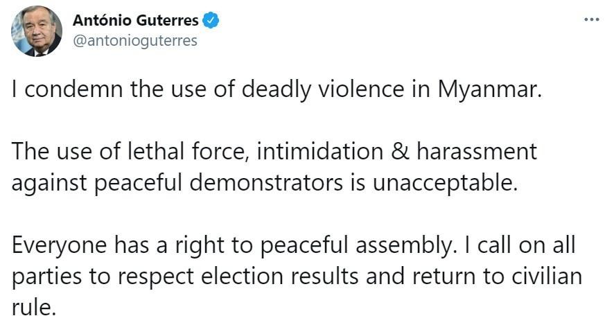 Tổng thư ký Liên Hợp Quốc Antonio Guterres phản đối bạo lực ở Myanmar. Ảnh: Ảnh chụp màn hình.