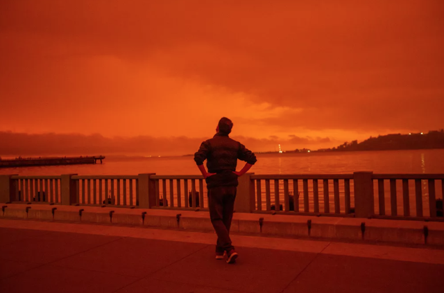 Một người đàn ông nhìn khói cháy rừng ở California làm mờ bầu trời vào tháng 9 năm 2020.