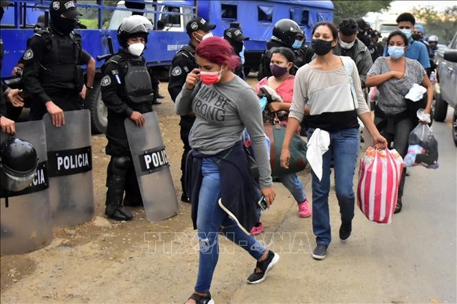 Cảnh sát Guatemala ngăn chặn người di cư trong hành trình tới Mỹ tại khu vực Cofradia, Honduras, ngày 15/1/2021. Ảnh: THX/TTXVN