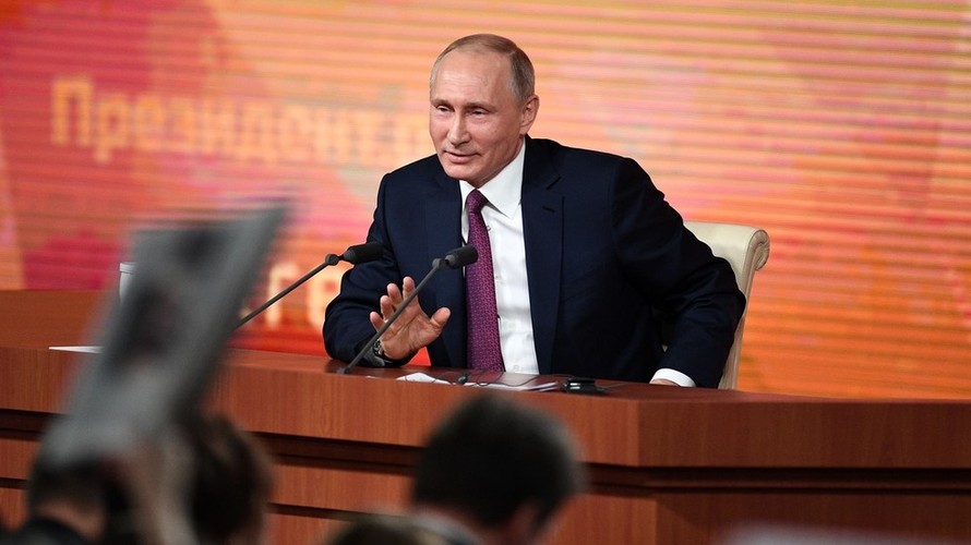 Tổng thống Nga Vladimir Putin tại cuộc họp báo thường niên 2018. Ảnh: RT