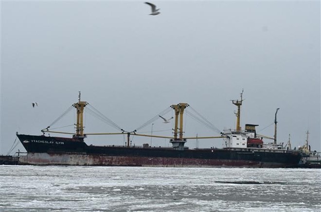Tàu Vyacheslav ilvin thả neo gần khu cảng mới trong quần thể công trình xây dựng cảng biển Mariupol trên Biển Azov, phía Đông Ukraine ngày 2/12/2018. (Nguồn: AFP/TTXVN)