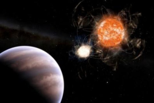 Siêu hành tinh quay quanh 2 ngôi sao mẹ nhưng chỉ 1 trong 2 ngôi sao này là còn sống. Ngôi sao còn lại có thể đã chết tự nhiên hoặc chết khi sinh ra siêu hành tinh này - ảnh đồ họa từ Leandro Almeida.