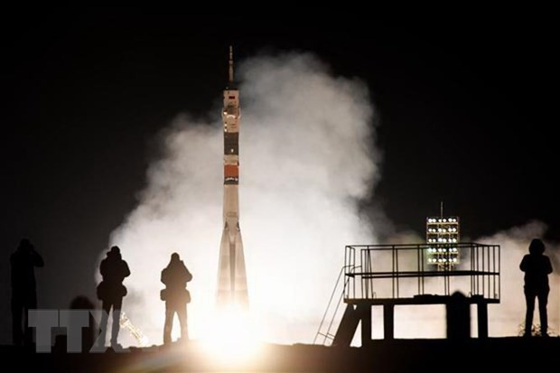 Tên lửa đẩy mang theo tàu vũ trụ Soyuz MS-12 của Nga rời bệ phóng tại bãi phóng Baikonur Cosmodrome ở Kazakhstan, ngày 14/3/2019. (Ảnh: AFP/TTXVN)