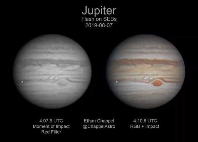 Vệt sáng trắng được nhìn thấy ở phía dưới bên trái của sao Mộc vào ngày 7/8. Ảnh: Ethan Chappel.