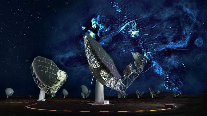 Hệ thống kính viễn vọng MeerKAT và hình ảnh từ sóng vô tuyến ghi nhận được - Ảnh: Oxford/ Nrao