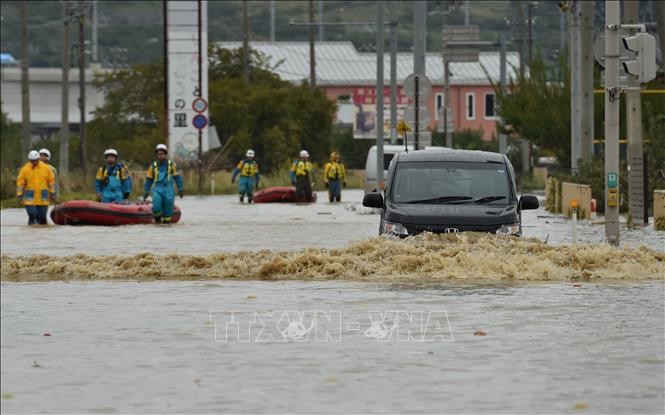 Cảnh ngập lụt do siêu bão Hagibis tại tỉnh Nagano, Nhật Bản, ngày 14/10/2019. - Ảnh: AFP/TTXVN