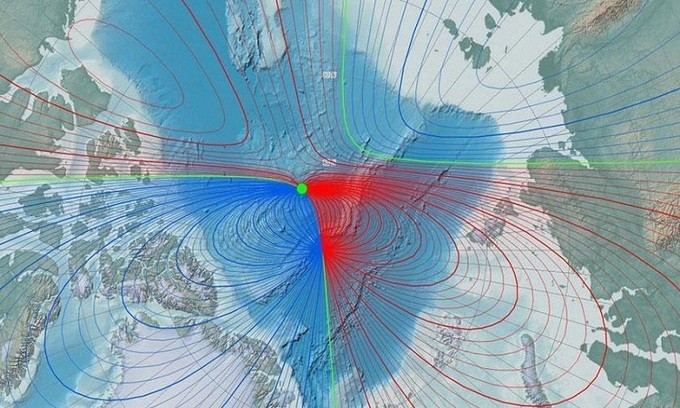 Cực từ trường phía bắc của Trái Đất đang dịch chuyển từ Canada đến Siberia. - Ảnh: Science Alert.