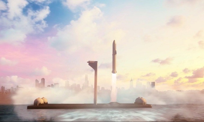 Mô phỏng Starship cất cánh từ bệ phóng ngoài khơi. - Ảnh: SpaceX.
