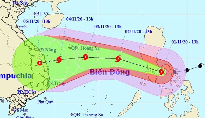 Hướng di chuyển của bão Goni không ổn định khi vào Biển Đông. 