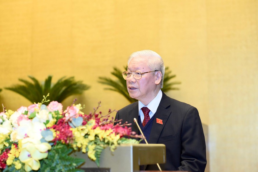 Tổng Bí thư, Chủ tịch nước Nguyễn Phú Trọng trình bày Báo cáo công tác của Chủ tịch nước nhiệm kỳ 2016-2021. - Ảnh: VGP/Nhật Bắc