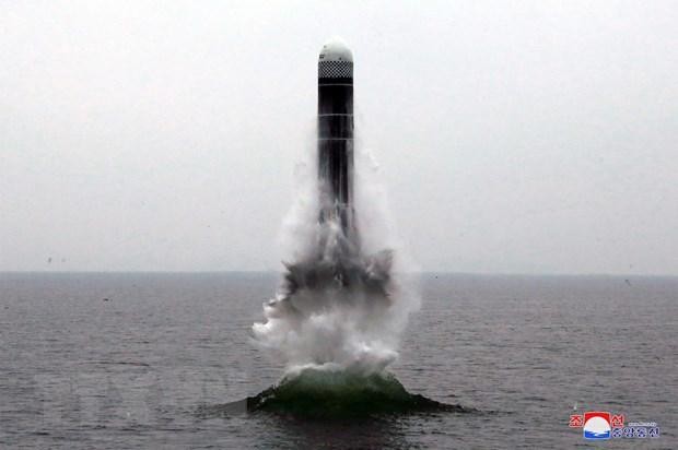 Triều Tiên phóng thử tên lửa kiểu mới Pukguksong-3 từ tàu ngầm ở ngoài khơi Vịnh Wonsan ra biển Nhật Bản (Hàn Quốc gọi là Biển Đông). (Ảnh: AFP/TTXVN)