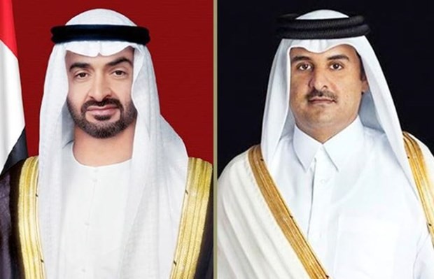 Tổng thống UAE Sheikh Mohamed bin Zayed Al Nahyan và Quốc vương Qatar Sheikh Tamim bin Hamad Al Thani. (Nguồn: WAM)