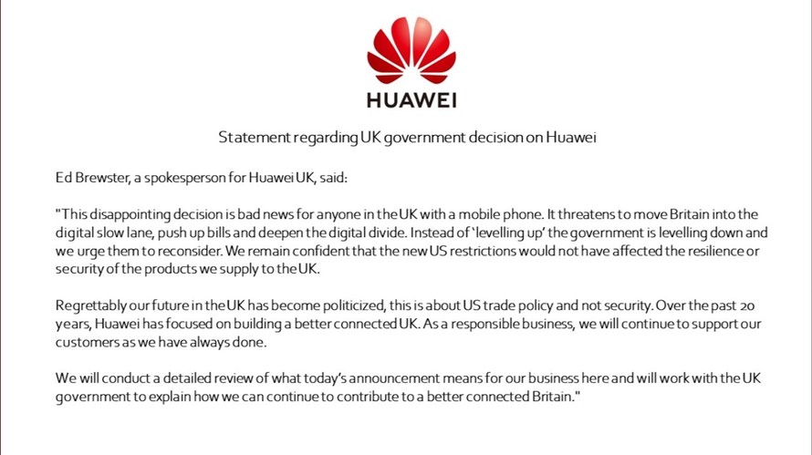 Huawei phản ứng trước quyết định của chính phủ Anh