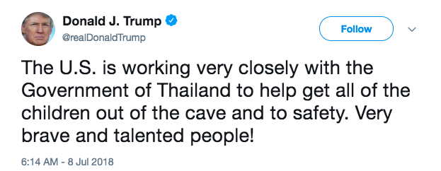 Ông Trump bất ngờ bình luận về vụ giải cứu đội bóng nhí Thái Lan