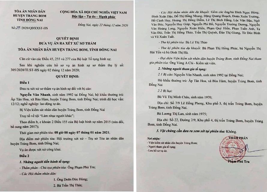 Quyết Định 279/2020/QĐXXST-HS gửi đến anh Nguyễn Văn Nhanh về việc xét xử sở thẩm tội “làm nhục người khác” tại TAND huyện Trảng Bom.