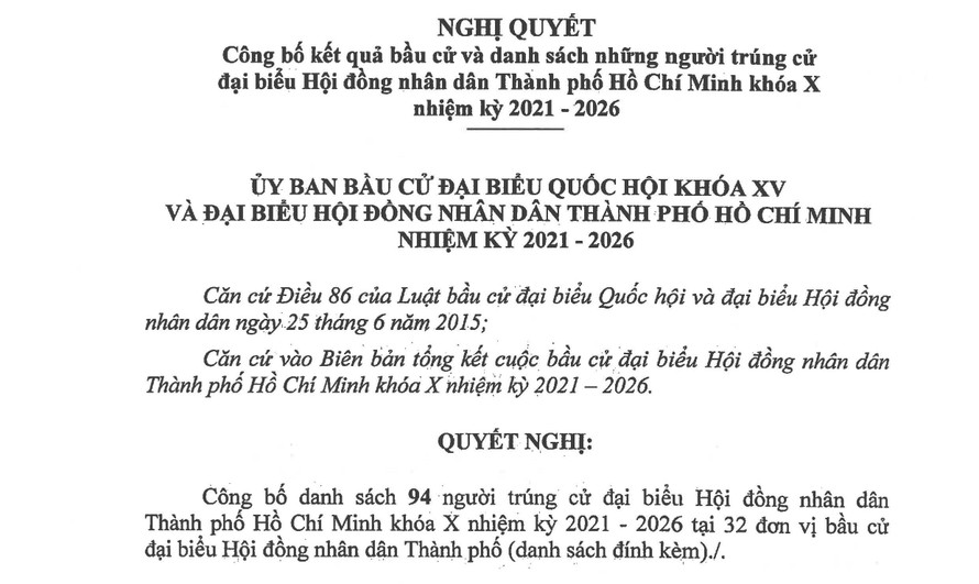 Nghị quyết số 132/NQ-UBBC về “Công bố kết quả bầu cử và danh sách những người trúng cử đại biểu Hội đồng nhân dân TP.HCM khóa X nhiệm kỳ 2021 – 2026.