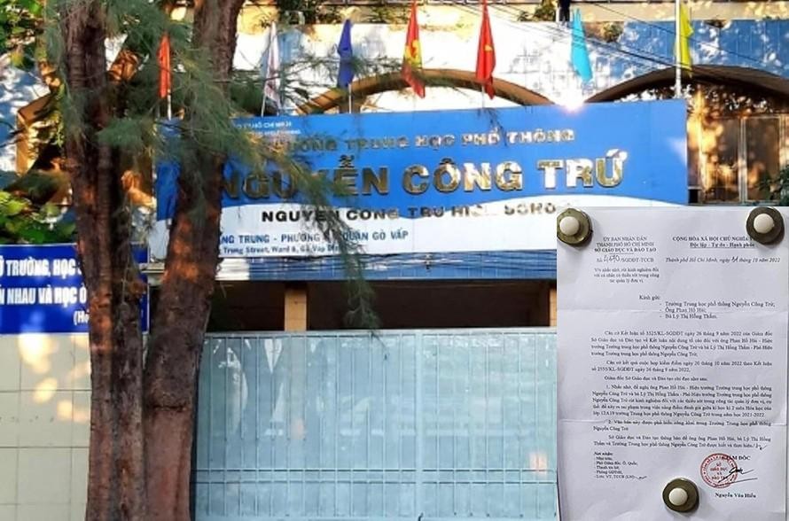 Trường THPT Nguyễn Công Trứ và công văn của Sở GDĐT (ảnh nhỏ) được niêm yết công khai. 