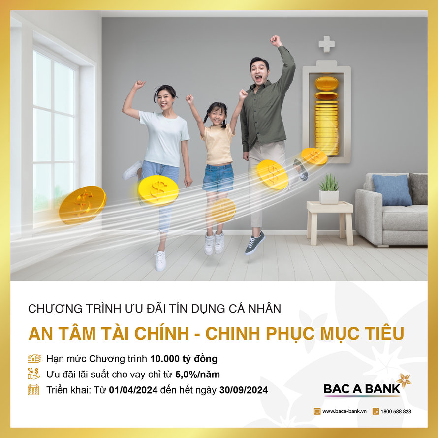 Từ ngày 01/04/2024, BAC A BANK chính thức triển khai Chương trình ưu đãi tín dụng cá nhân “An tâm tài chính - Chinh phục mục tiêu” với mức lãi suất vô cùng hấp dẫn