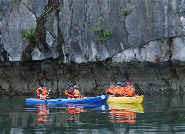 Chèo thuyền Kayak được nhiều du khách thích thú mỗi khi đến Cát Bà. Ảnh: Hoàng Hiếu/TTXVN.